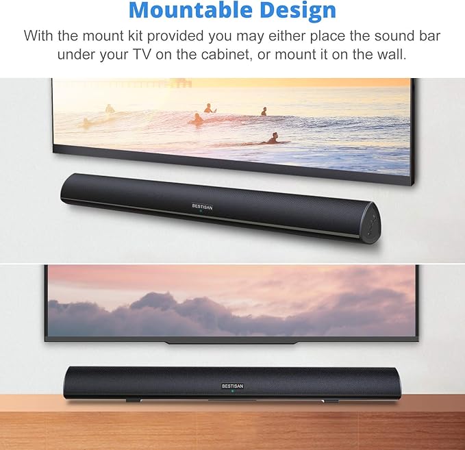 BESTISAN 80 Watt Soundbar, Sound Bars for TV of Home Theater System (Bluetooth 5.0, 34 inch, DSP, Strong Bass, Wireless Wired Connections, Bass Adjustable, Wall Mountable)