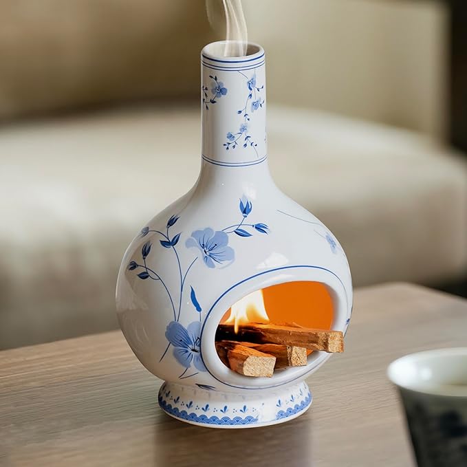 Ceramic Incense Holder Palo Santo Burner - Handmade Blue and White Porcelain Mini Chiminea for Ash Catching & Meditation Decor - Vintage Oriental Burner for Yoga Room Spiritual Gift