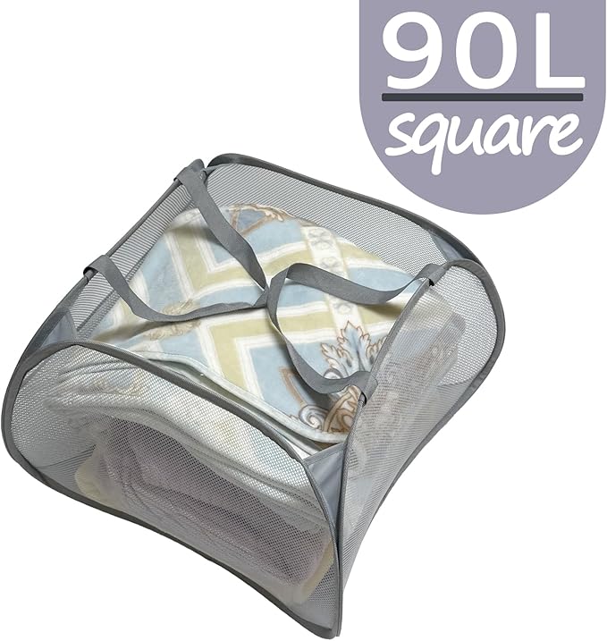 Collapsible Pop-Up Mesh Laundry Hamper Basket, 90L Large Square with Wide Opening, Sturdy Handles & Side Pocket, Foldable, Breathable, Space-Saving for Laundry, Storage, Camping, Travel (Gray)