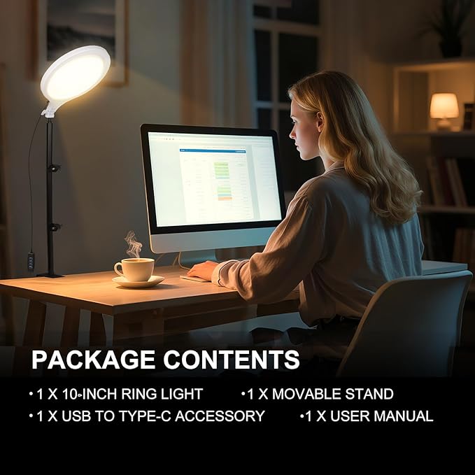 Ring Light for Streaming, 10'' Full Screen LED Ring Light for Desk with Adjustable Arm, Video Conference Lighting for Zoom Meetings, Live Streaming, Content Creator, TikTok, YouTube