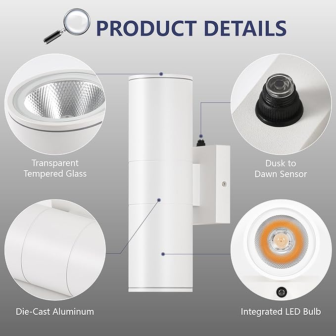 Dusk to Dawn Outdoor Lighting Sensor Wall Lights 2Pack, 12W 2700K Integrated LED Cylinder Up Down Lights Outdoor, IP65 Waterproof Aluminum Exterior Wall Sconce for Porch Patio.