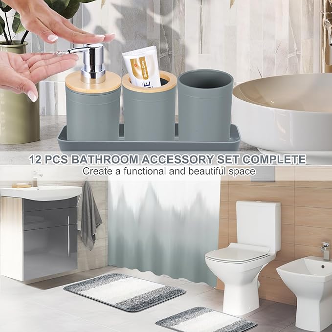 iMucci Bathroom Accessories Grey Bathroom Sets with Shower Curtain and Rug, Grey Ombre Waterproof Shower Curtain with Ultra Absorbent Rug Bathroom Accessories Set for Home Decor