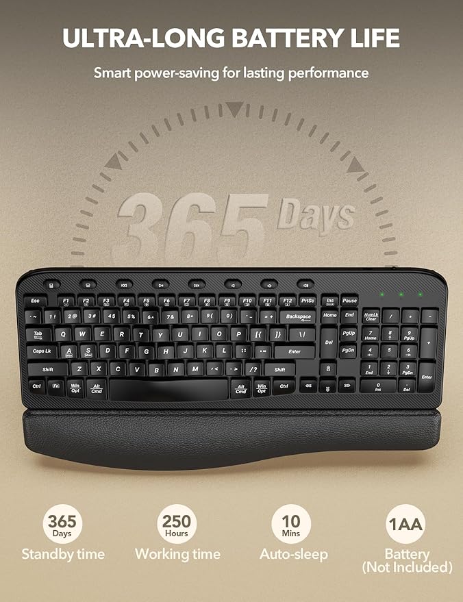 SABLUTE Wireless Keyboard, Ergonomic Wave Keyboards with Cushioned Wrist Rest, 2.4GHz USB Computer Wave Key Board for Windows, Mac, Chrome, PC, Laptop, Tablet - Black Full Size - Teclado Inalámbrico