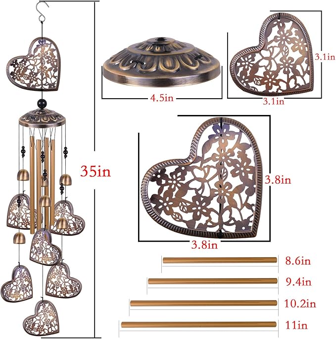 Outdoor Hearts Wind Chimes, Bronze Wind Chimes, Heart-Shape Wind Bells Gifts for Mom & Women, Heart Memorial Wind Chime for Home, Garden, Indoor, Outdoor Decoration, Garden Windchimes