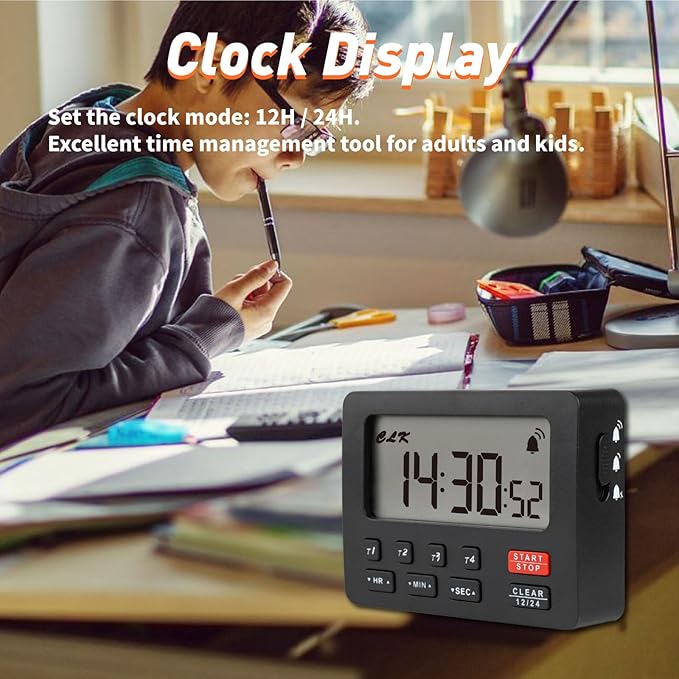 YOOREAL Digital Kitchen Timers, with 4 Sets of Countdown Stop Watches Timer/Magnetic Timer Clock with Adjustable Loud Alarm Classroom Cooking Fitness Baking Studying Teaching (Black)