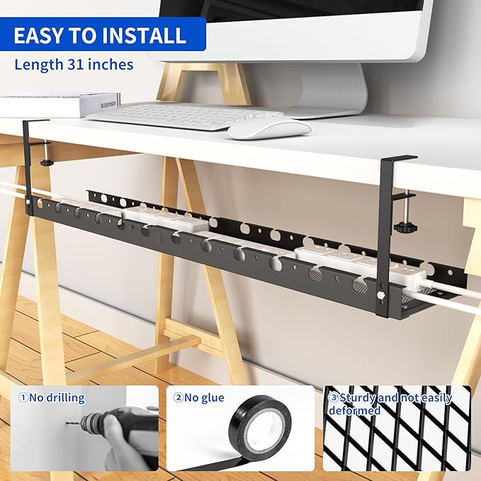 31Inch Extendable Under Desk Cable Management Tray Multi-Model Metal Cable Management Tray Under Desk Cord Management with Clamp Power Strip Cord Holder for Wire Cable Management