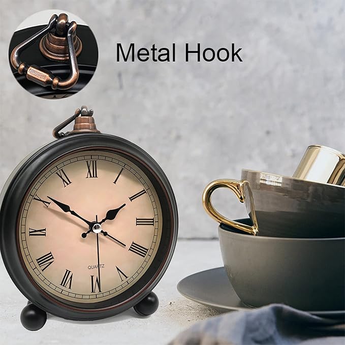 Vintage Retro Analog Alarm Clock, 4 inch Super Silent Non Ticking Small Clock with Night Light, Battery Operated, Simply Design, for Living Room, Bedroom, Bedside, Desk, Gift Clock (Roman)