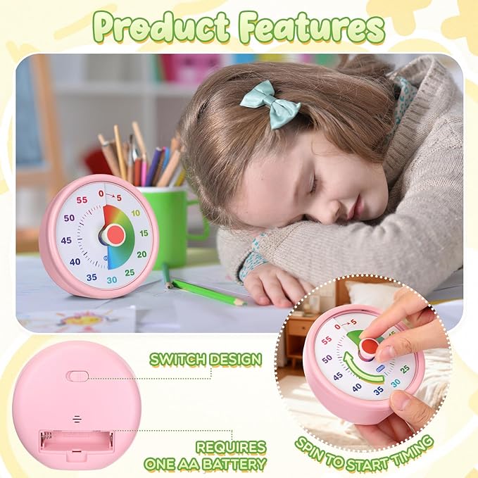 4 Pcs 60 Minute Visual Timer Colored Countdown Clock Time Management Tools with Silent Operation for Home School Supplies Study Office (Classic,Blue,Pink,Yellow,Green)