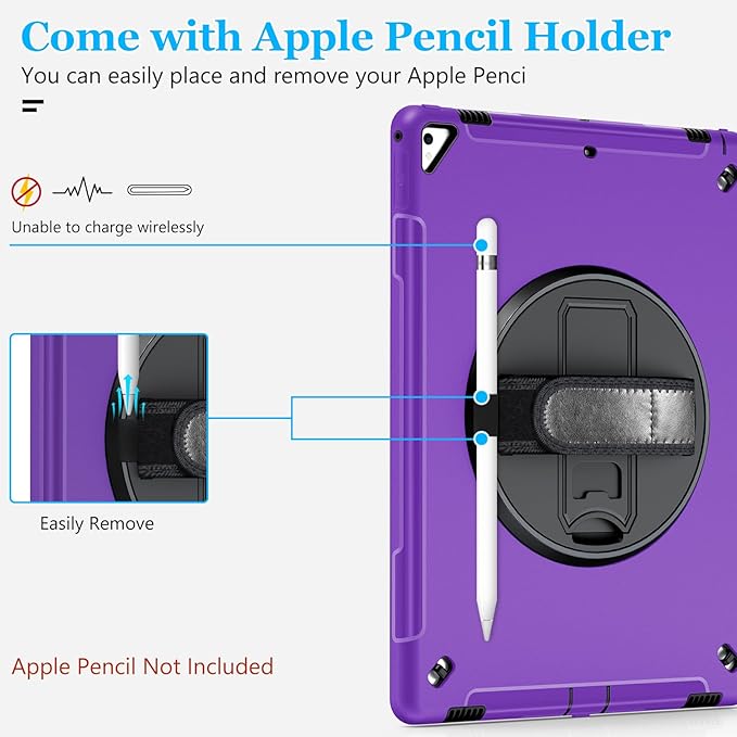 Case for iPad Pro 12.9 2nd Generation 2017 & 2015 1st Generation, Heavy Duty Rugged Shockproof Protective Cover w/ 360° Rotatable Stand + Handle Hand & Shoulder Strap + Pencil Holder-Purple