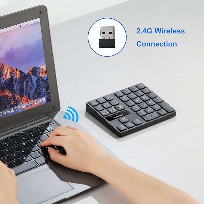 SurnQiee Wireless Numeric Keypad, 2.4G Rechargeable Number Pad 35-Keys for Efficient Data Input