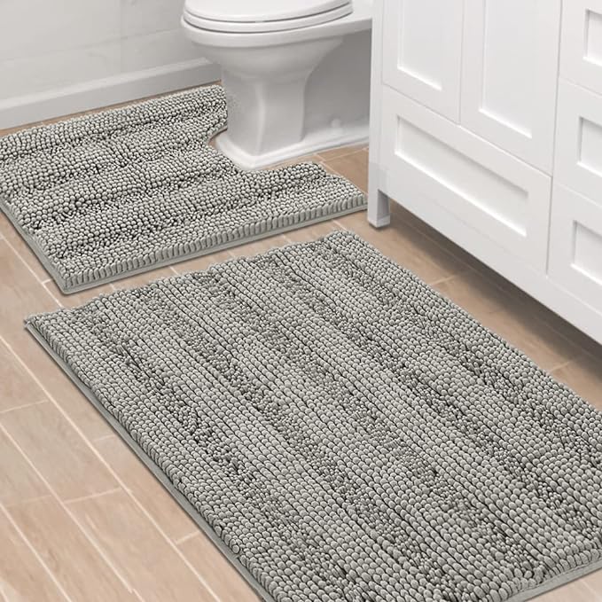 H.VERSAILTEX Bathroom Rugs Bath Rug Set 2 Piece Bathroom Contour Rug Toilet Mat Sets Non Slip Contour Bath Rug Ultra Thick Water Absorbent Striped Bath Mats Washable(36" x 24" Plus 20" x 24" U, Dove)