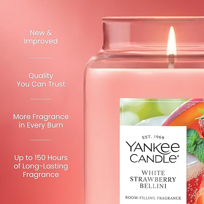 Yankee Candle Large Jar Scented Candle with up to 150 Hour Burn Time, Premium Plant Wax Blend for Consistent Burn, 22 oz Jar Candle with Room Filling Fragrance, White Strawberry Bellini