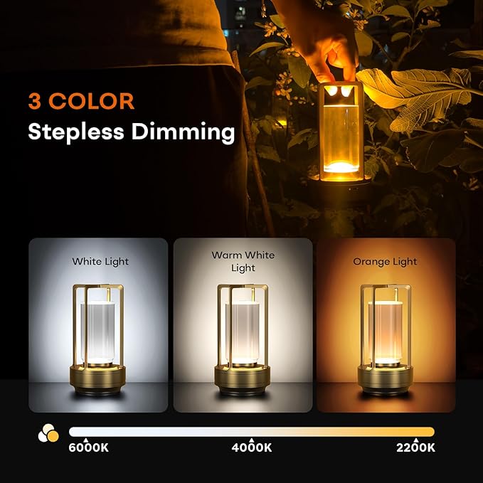 Portable Outdoor Table Lamp, Cordless Dimmable Touch Table Light, Rechargeable Battery Operated Small Lamp with 3 Colors and Brightness Control for Bedroom/Patio/Camping/Bar/Coffee Shop (Gold)