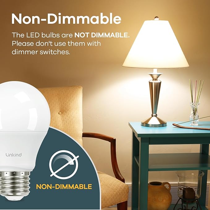 Linkind A19 LED Light Bulb, 60W Equivalent Light Bulbs, 8.5W 3000K Warm White, 800 Lumens Non-Dimmable LED Bulb, E26 Standard Base, 6-Pack