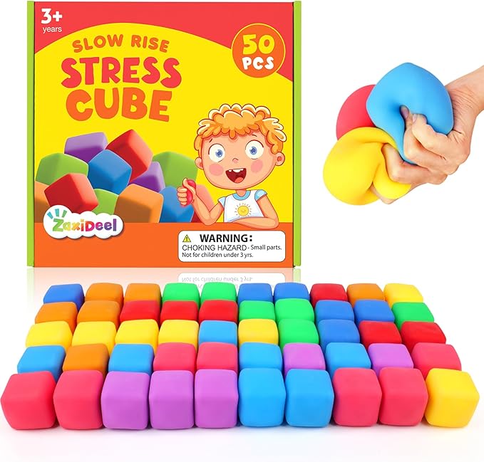 50 Pack Slow Rising Stress Cube: Stretchy Fidget Toys for Anxiety Relief, Large Size Squishy Cube, Pull Stretch Fidgets for Classroom Prize, Classroom Reward for Student
