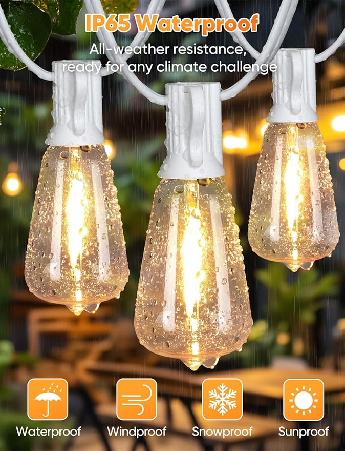 Brightever 100FT Outdoor String Lights with Remote, Dimmable LED Patio Lights with 32 ST38 Shatterproof Vintage Bulbs, 2700K Warm White 3 Modes 2 Timer Outside Light for Yard, Deck, Cafe, White