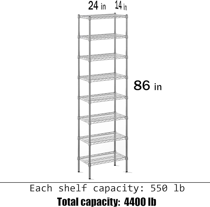 14" Deep x 24" Wide x 86" Height Wire Shelving Kit | 8-Tier | NSF Commercial Storage Rack Unit
