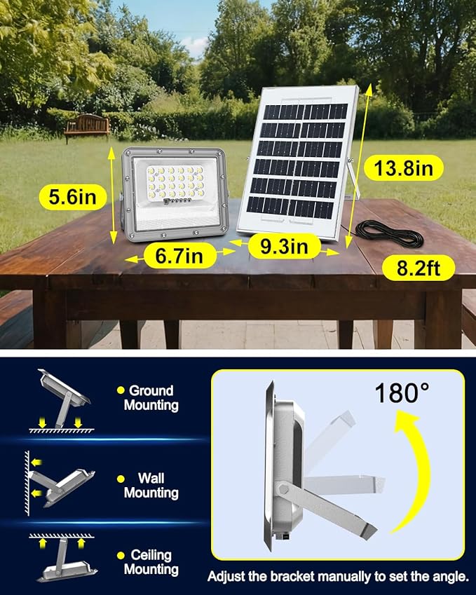 Outdoor Solar LED Flood Lights: Waterproof Security Patio Lights with Remote Control, 6500K Bright Illumination Dawn to Dusk Lighting for Fence, Yard, Backyard, Wall, House (5000MAH)