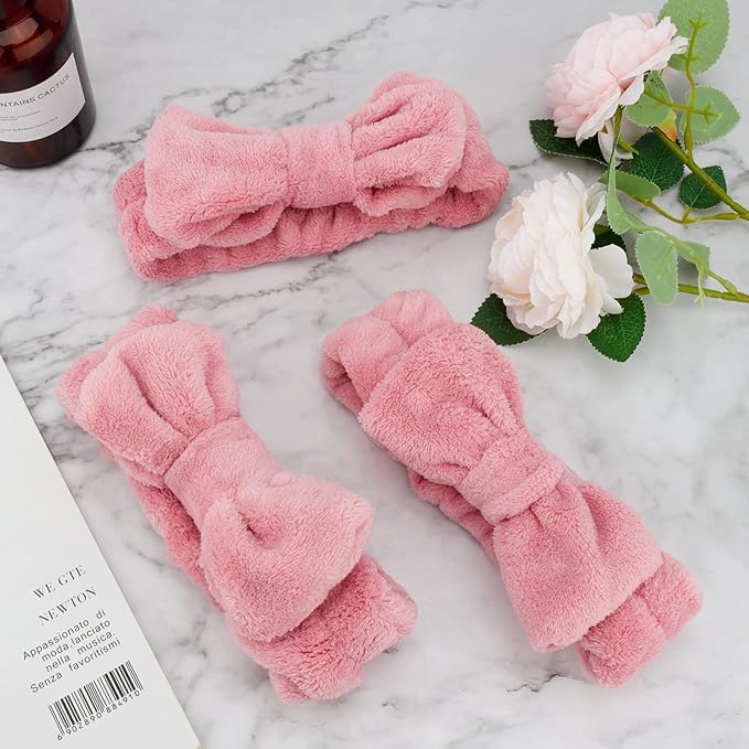 Ondder Spa Headband for Washing Face 8 Pack Dark Pink Skincare Headbands for Women Girls Terry Cloth Cute Bow Head Bands