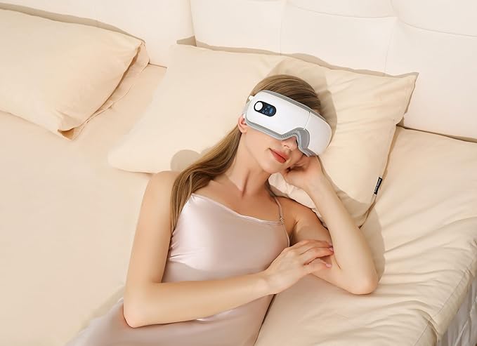 Eye Massager with Airbag Kneading,Constant Temperature Hot Compress, Multi-Frequency Vibration and Bluetooth Music (Pearl White, Large)