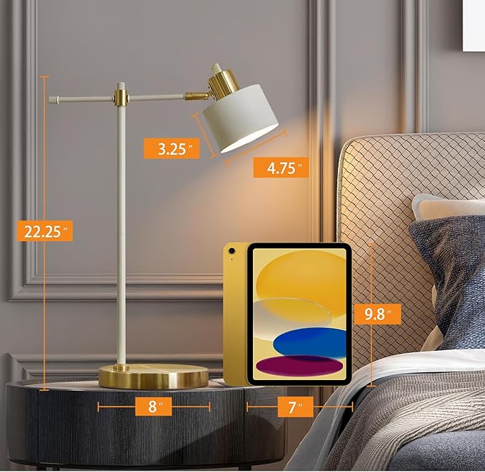OYEARS Modern Industrial Desk Lamp for Reading LED 22.2“ Metal Table Lamp Light for Office Bedroom Study Room Living Room Nightstand Bedside Lamps Gold and Matte Cream Accent (Cream, Bulb Included)