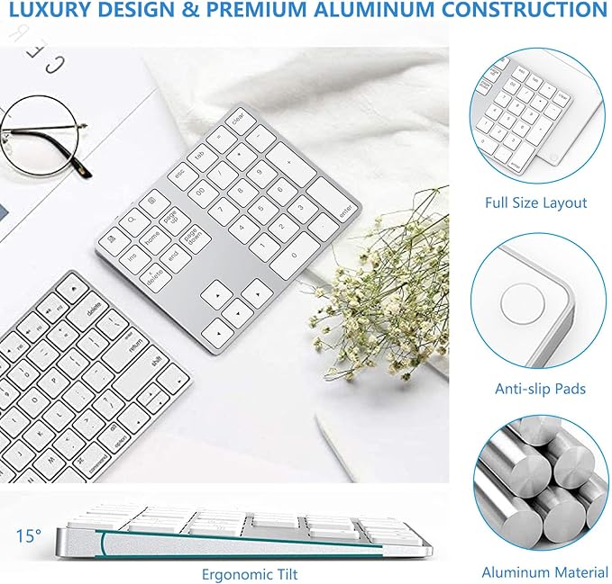 Lekvey Bluetooth Number Pad, Aluminum Rechargeable Wireless Numeric Keypad Slim 34-Keys External Numpad Keyboard Data Entry for Laptop, MacBook, MacBook Air/Pro, iMac, Windows, Surface Pro - Silver