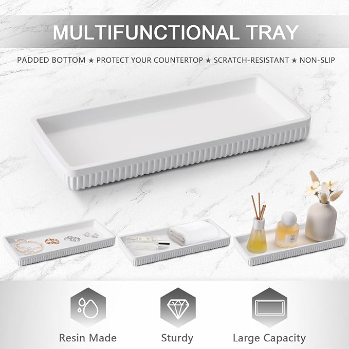 Resin White Bathroom Accessories Set 5 Pcs, Lotion Soap Dispenser, Toothbrush Holder, Bathroom Tumbler, Qtip Holder and Vanity Tray, Bathroom Countertop Organizer Set for Modern Home Apartment