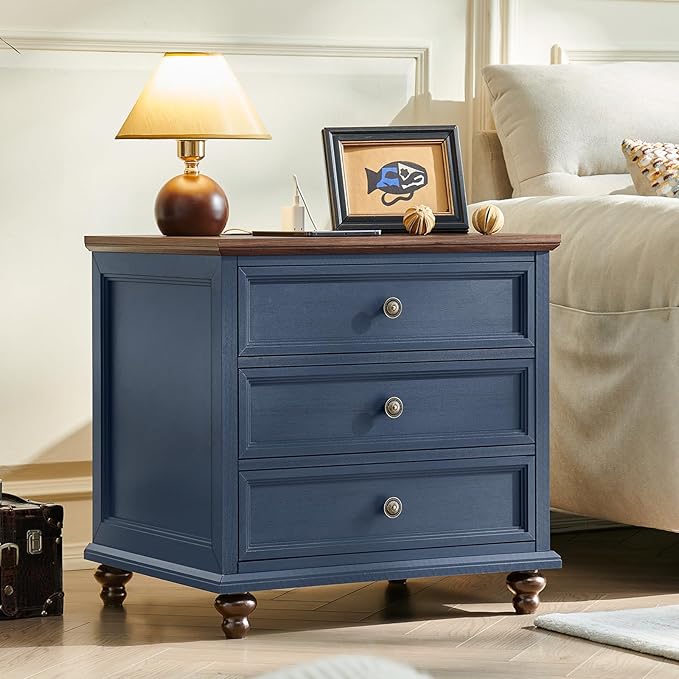 Farmhouse Nightstand Set of 2 with Charging Station, 24" Wide End Table with 3 Drawers,Dresser for Bedroom,Bed Side Table Chest of Drawers Cabinet,Wood Blue Night Stand for Living Room