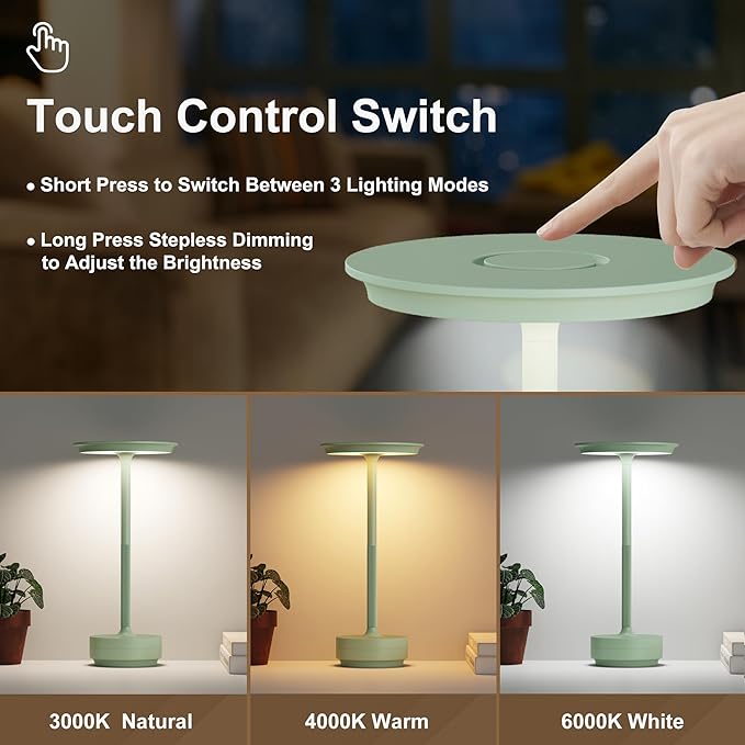 2 Pack Cordless Table Lamps, Portable Rechargeable LED Battery Powered Touch Metal Table Light, 3 Color Stepless Dimming Modern Table Lamp, for Bedroom/Home/Restaurant/Outdoor.(Green)