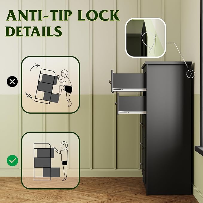 WLIVE Wood Dresser with 5 Drawers, Black Wooden Storage Cabinet, Organizer Drawers for Bedroom, Living Room, Hallway, Measuring 15.75" W * 31.50" D * 45.35" H ﻿