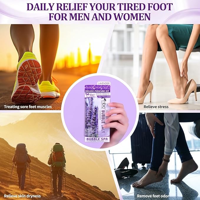 Pedicure Kit Foot Soak Set: Bubble Salt, Sugar Scrub, Massage Mask, Massage Lotion in a Box, 4 Step Foot Spa Kit for Dry Feet, Softens Calluses, Tired Feet（3 Set Lavender)