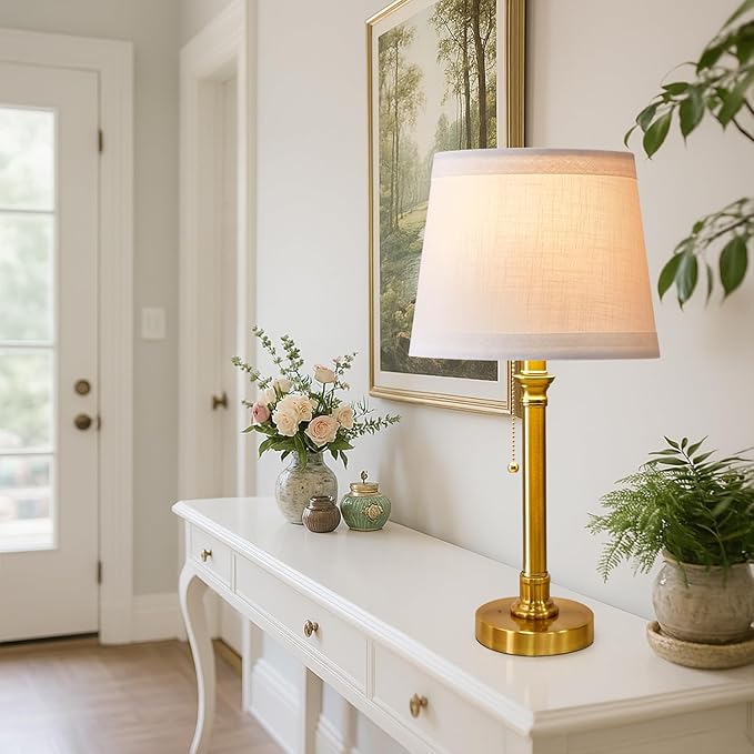 Oneach 19.5” Gold Table Lamps Set of 2, Pull Chain Switch Bedside Table Lamps, Modern Nightstand Lamp with White Linen Shade, Small Brass Lamp for Living Room, Bedroom, Home Office, Nursery