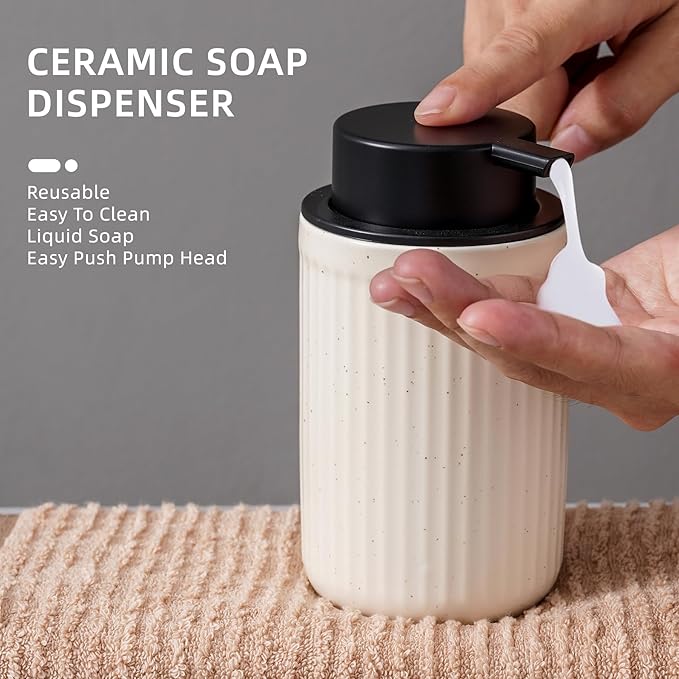 Ceramic Bathroom Accessories Set,Lotion Soap Dispenser and Toothbrush Holder Set, Soap Dish, Apothecary Jars,Rustic Farmhouse Decor, Bathroom Home Decor(Beige Set, Liquid)