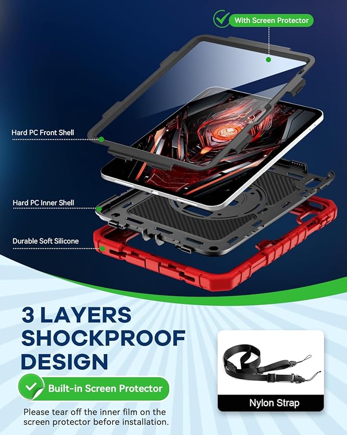 Cantis Case for iPad 11-inch (A16) 2025/ iPad 10th Generation 2022 (10.9 inch) with Screen Protector, iPad 11th Case with 360 Degree Rotating Stand/Shoulder Strap/Pencil Holder, Red