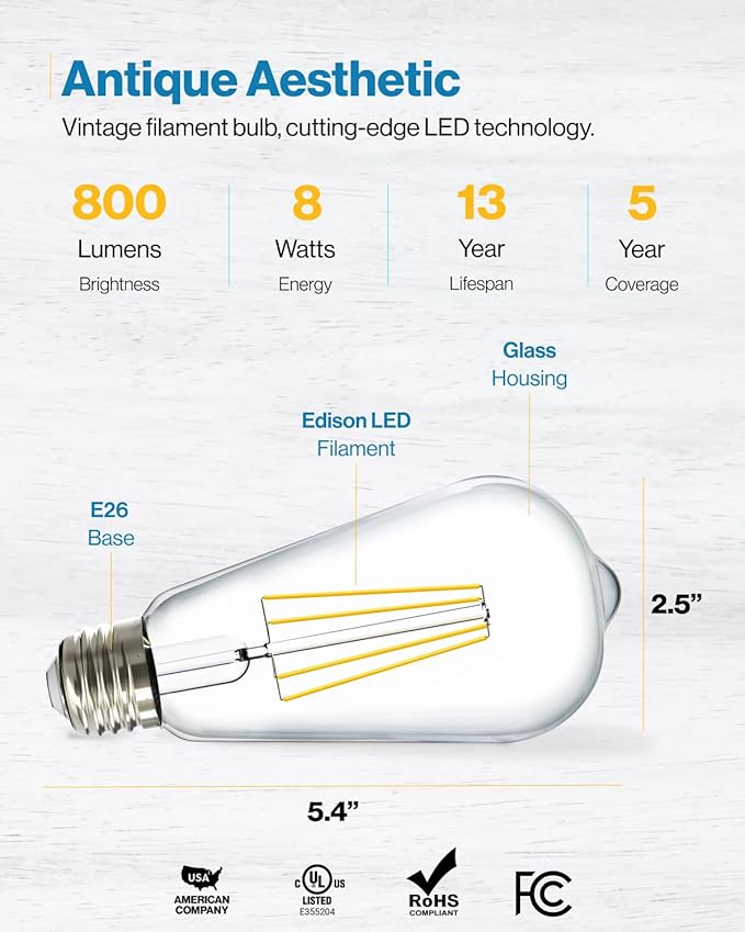 Sunco 24 Pack Edison Bulbs LED ST64, Clear Vintage Filament Waterproof Bulb, 800 LM, 8W (60W Equivalent), ST19, 4000K Cool White, E26 Medium Base, Decorative Dimmable UL