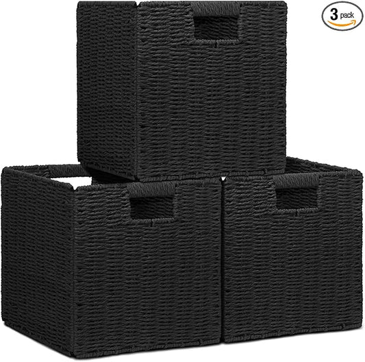 Wicker Storage Baskets for Organizing, 3 Pack Rustic Foldable Square Basket for Shelves, Handwoven Cubby Organizer Bins for Home Decor, Small Cube Storage Bin for Closet Organization (Black 11 inch)