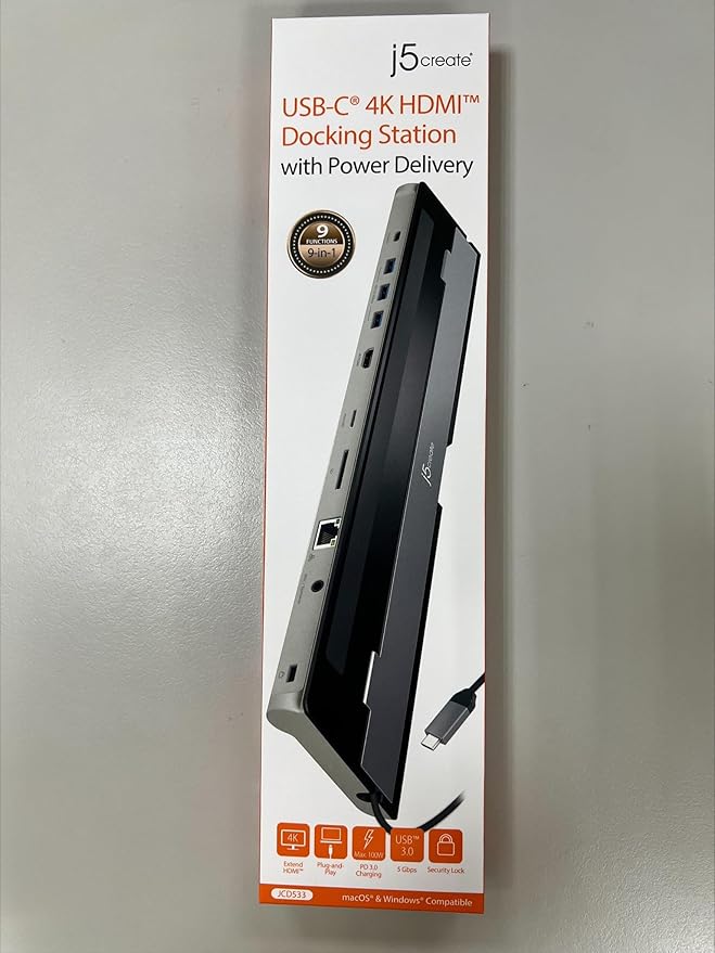 j5create USB-C 4K HDMI Docking Station (9-in-1), 4K HDMI, 5Gbps USB-A x3, Card Reader, PD 100W, Gigabit Ethernet, Combo Audio Jack, for MacBook, and Windows USB-C Laptop (JCD533)