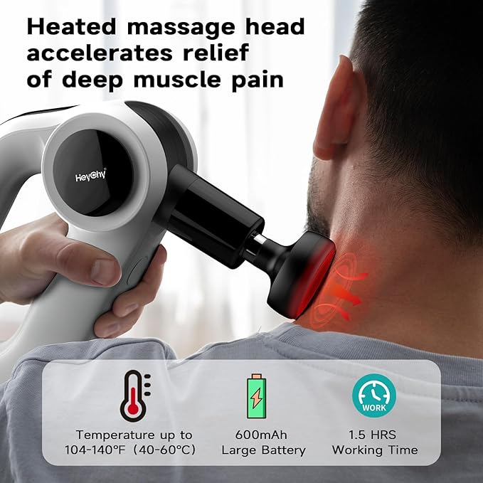 Deep Tissue Massage Gun with Heat, 12mm Amplitude Percussion Massager for Athletes & Muscle Relief, Professional Handheld Masssger Gun for Neck, Back, Shoulder, Leg, Gift for Men, Black