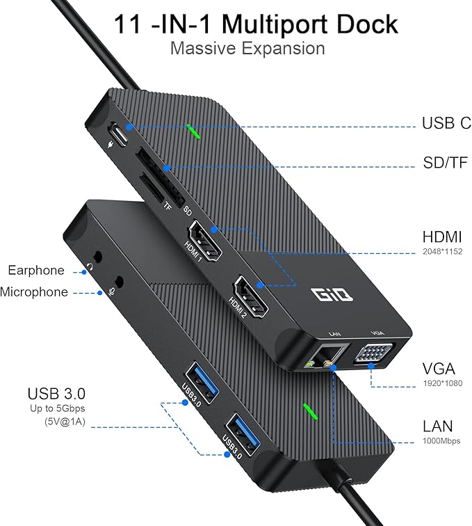 USB Docking Station GIQ USB C HUB USB 3.0 to Dual HDMI VGA Adapter Triple Display USB C Laptop Docking Station Dual Monitor HDMI Splitter Extender Compatible with MacBook M1 M2 USB Dock-Black