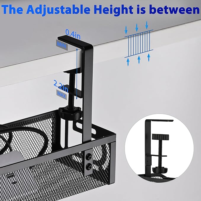 Under Desk Cable Management Tray with No Drill Installation, Power Strip Holder & Wire Organizer Storage Rack for Desk, Office, Home (L-Black)