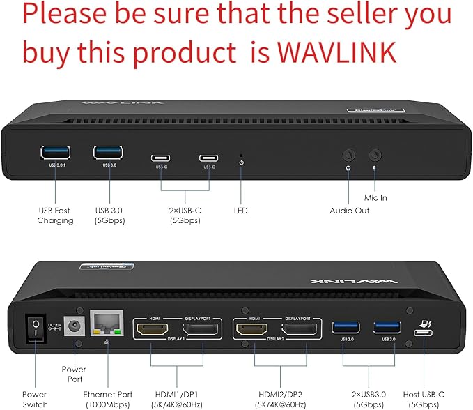 WAVLINK Universal USB C Laptop Docking Station Dual Monitors 5K/4K@60Hz with 65W Host Charging for Thunderbolt 4/3, USB-C Windows, Mac, Chrome, Ubuntu 20.04,22.04(2HDMI, 2DP, 6USB 3.0, 1Gbps Ethernet