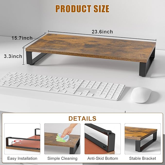 XINYAO Monitor Stand for Desk, Wood & Steel Computer Stand Riser with Storage Organizer for Office Laptop, PC, Printer 24x12 inch