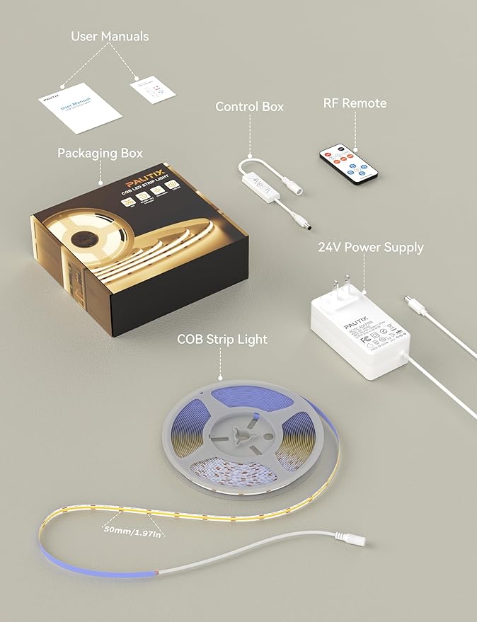 PAUTIX COB LED Strip Light 16.4ft,Engineering Level UL Listed Warm White 2700K,CRI93+ Super Bright High Lumen,Dimmable 24V Flexible LED Tape Light with RF Remote,for Cabinets,Home&Office DIY Lighting