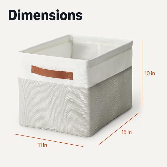 Amazon Basics Collapsible Storage Bins with Leather Handles, Linen, Large, Pack of 3