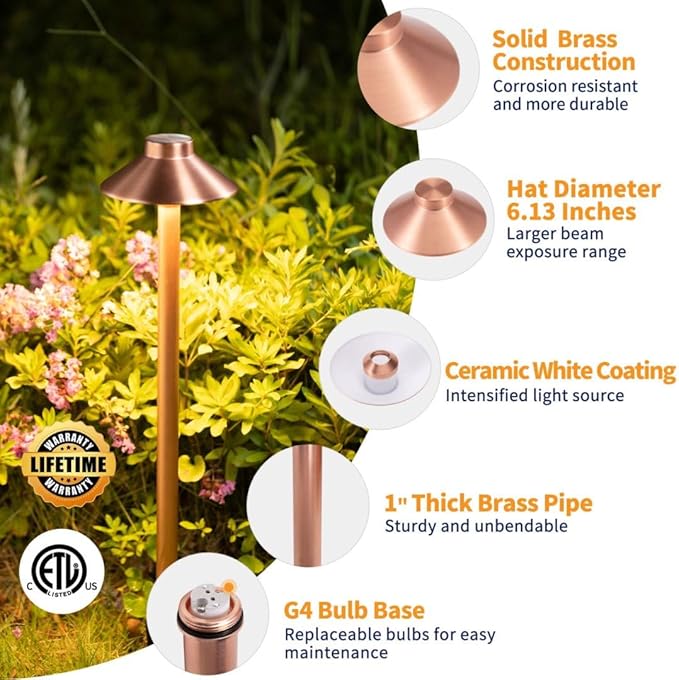 Brass Copper Low Voltage Path Lights, Landscape Pathway Light, 12V LED Outdoor Bronze Hat Top Walkway Lamp for Driveway Yard Garden with 3W 270LM 4000K G4 Bulb 4 Pack