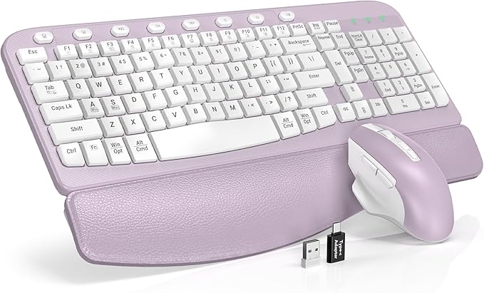 SABLUTE Wireless Keyboard and Mouse Combo, Ergonomic Wave Key, Cushioned Plam Rest, Comfortable Silent Natural Typing, 2.4G Lag-Free, Full Size Keyboards Cordless Set for Multi-OS, Windows/Mac, Purple
