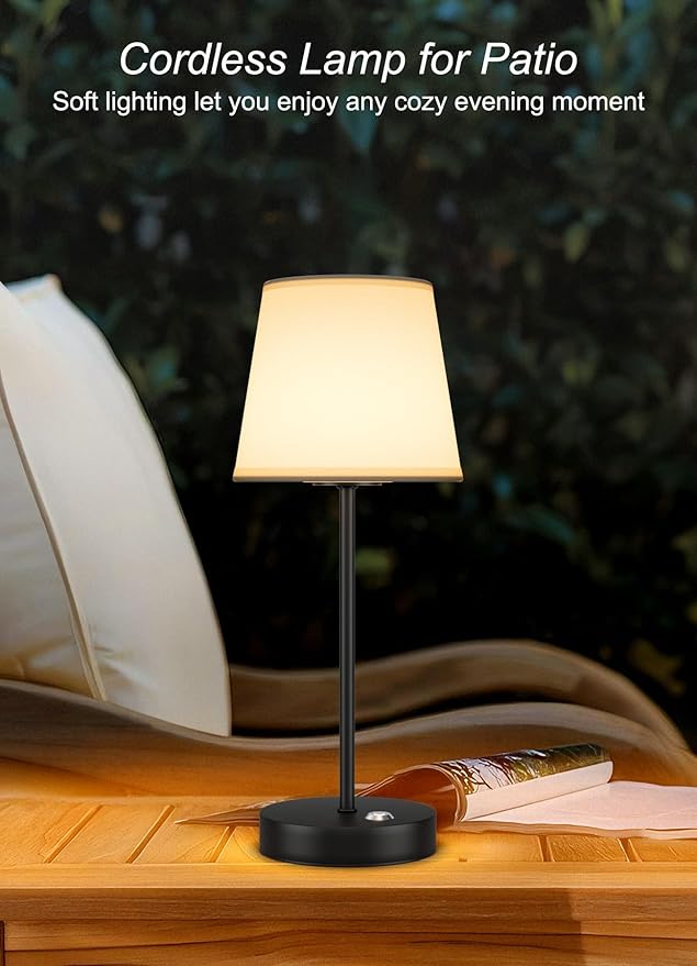 2 Pack Cordless LED Table Lamps, Battery Operated Fabric Shade Desk Lamp, 3 Color Stepless Dimmable Rechargeable Lamp for Dinner/Restaurant/Bedroom/Bars/Camping(Black)