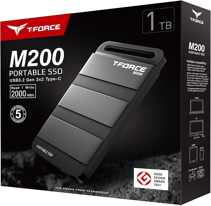 TEAMGROUP T-Force M200 Portable SSD 1TB USB3.2 Gen2x2 Type-C Read/Write 2000MB/s Compatible with PS5 & Xbox & Chrome OS (T8FED9001T0C102)
