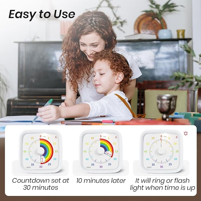 Yunbaoit Visual Timer with Protective Case, Rainbow Disk 60 Minute Countdown Timer for Kids and Adults, Silent Time Management Tool(White)