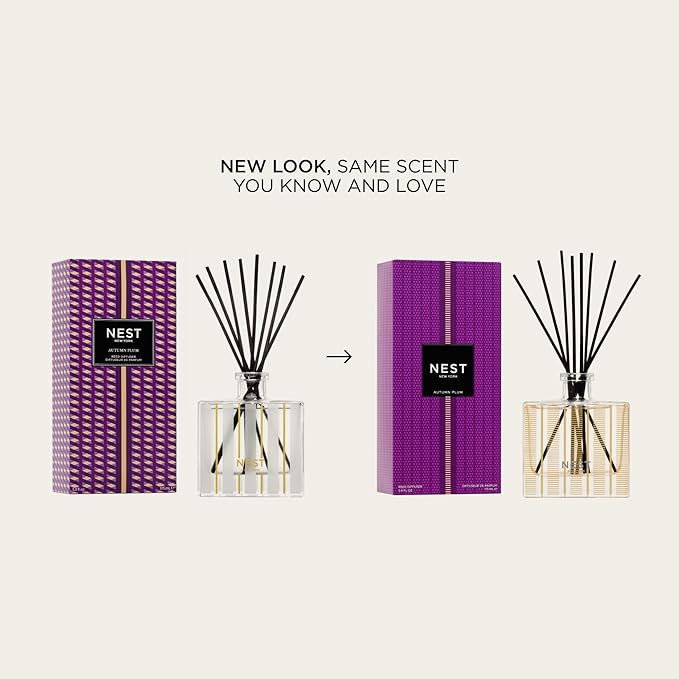 NEST New York Reed Diffuser, Autumn Plum - 5.9 fl oz - Fragrance for Up to 90 Days - Reusable, Refillable Glass Holder - Includes 8 All-Natural Reed Sticks - Flame Free
